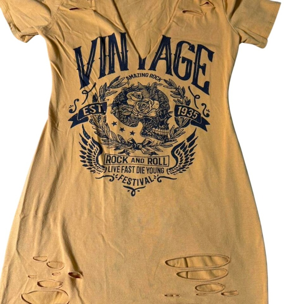 Vintage Windsor Yellow Graphic Distressed Dress Skull Rock Festival Size S